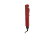 Handheld red deburring tool with a curved steel blade on a brushed metal background.