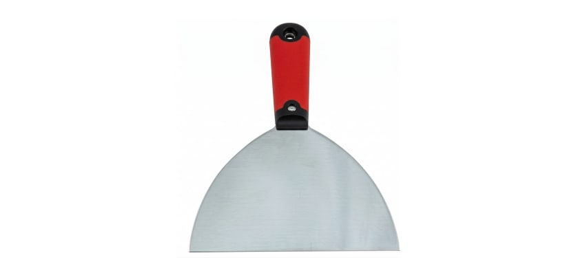 A 6-inch stainless steel scraper with a red and black soft-grip handle on a white background.