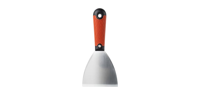 Professional 3" stainless steel scraper featuring a polished blade and a textured orange soft grip handle.