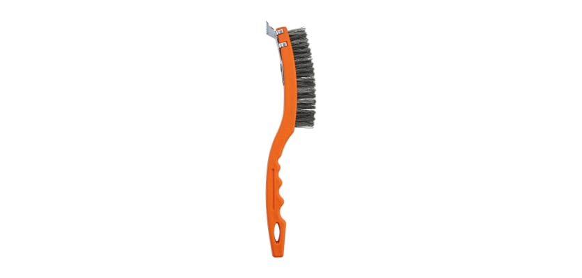 Orange handled wire brush with 3x19 rows of bristles and a metal scraper tool.