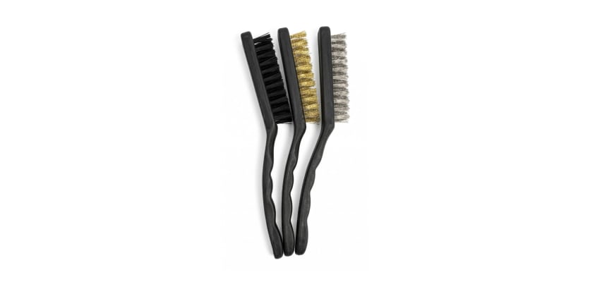 3-piece 9" jumbo wire brush set featuring black, brass, and steel bristles.