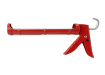 Red 9-inch manual caulking gun with a steel plunger and trigger on a white background