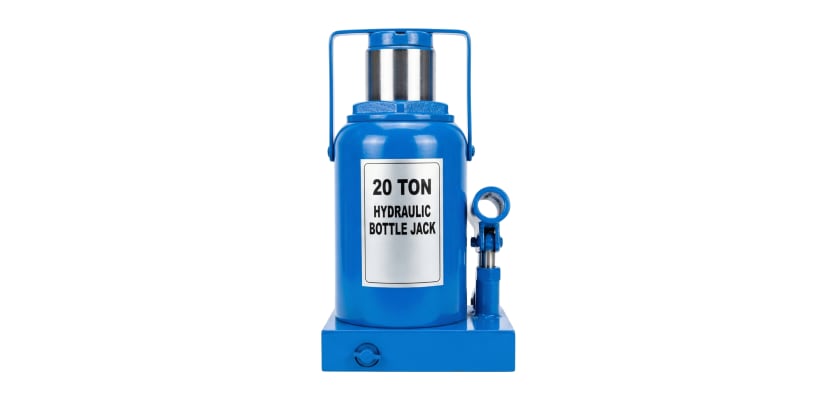A bright blue 20-ton hydraulic bottle jack against a white background.