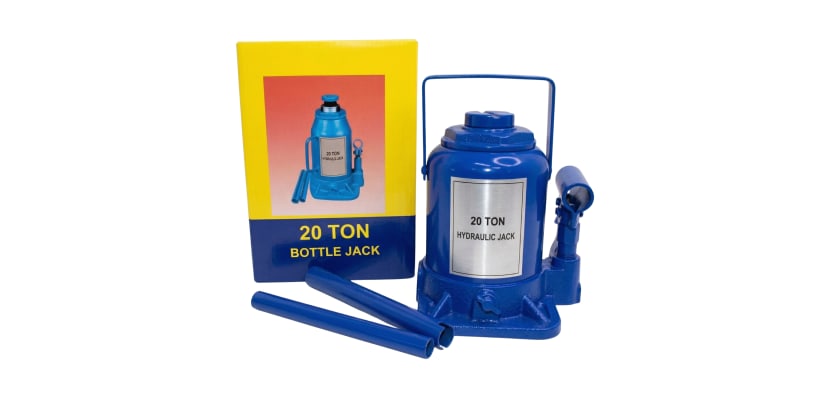 Blue 20-ton hydraulic bottle jack with two-piece handle and original packaging box.