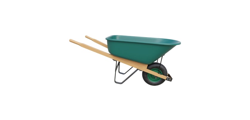 Gemini said Green 6 cubic foot wheelbarrow with a poly tray and wooden handles on a white background.