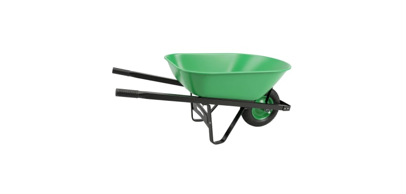 A green 6 cubic foot wheelbarrow with black steel handles and a single air tire.