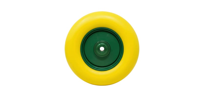 16-inch yellow flat-free wheelbarrow replacement tire with a solid green hub.