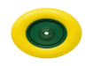 16-inch yellow flat-free wheelbarrow replacement tire with a solid green hub.