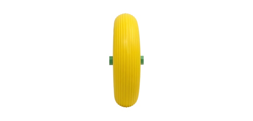 Yellow 16-inch flat-free wheelbarrow replacement tire with a green plastic hub - front on view