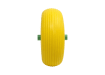 Yellow 16-inch flat-free wheelbarrow replacement tire with a green plastic hub - front on view
