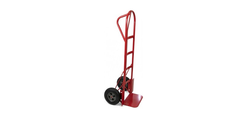 Red 800lb capacity hand truck with dual 10-inch solid rubber tires and a high-back frame.