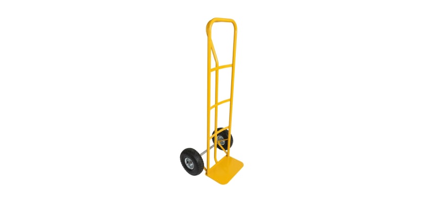 Bright yellow 600lb capacity hand truck featuring 10-inch air tires.