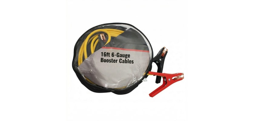 Yellow 16ft 6-Gauge Booster Cables in a clear carrying bag with attached clamps.