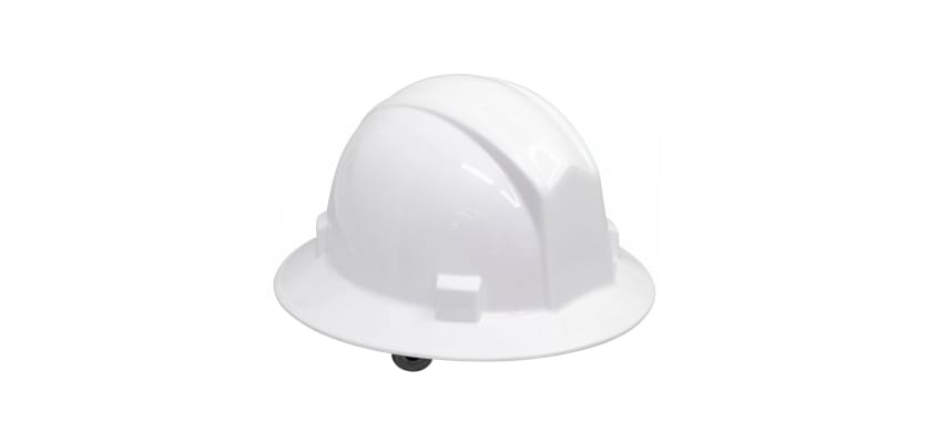 Gemini said A white full-brim safety helmet with a glossy finish and a protective wide rim.
