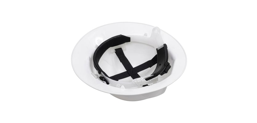 Interior view of a white full-brim safety helmet showing the adjustable suspension system.