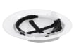 Interior view of a white full-brim safety helmet showing the adjustable suspension system.
