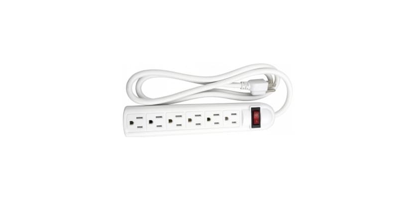White 6-outlet power strip with a red illuminated power switch and coiled heavy-duty cord.