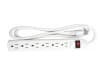 White 6-outlet power strip with a red illuminated power switch and coiled heavy-duty cord.