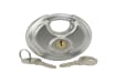 Silver round circular padlock with two silver keys laying on a white surface.