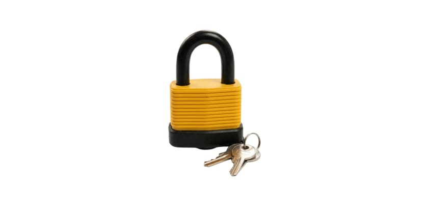 Yellow 50mm waterproof laminated padlock with black rubber coating and two silver keys.