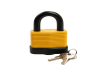 Yellow 50mm waterproof laminated padlock with black rubber coating and two silver keys.