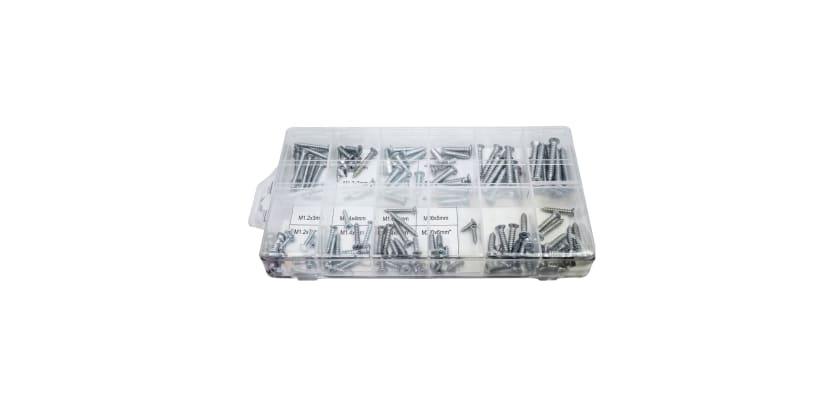 Clear plastic organizer box containing a 120-piece assorted wood screws set.
