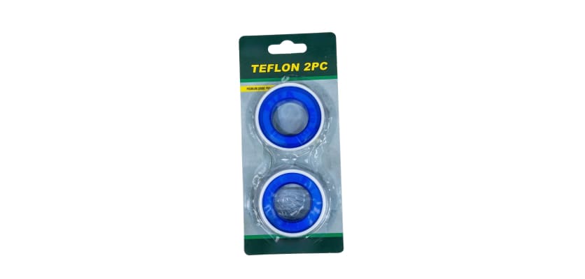 Two rolls of blue teflon thread tape in a green and grey blister pack.