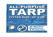 Square 20' x 20' blue poly tarp packaging showing weather protection icons.