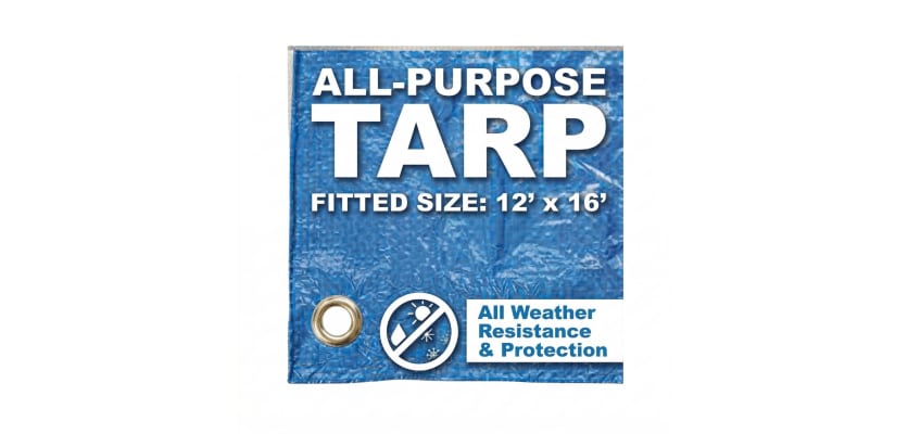 Medium 12' x 16' blue poly tarp with text indicating all-purpose use.