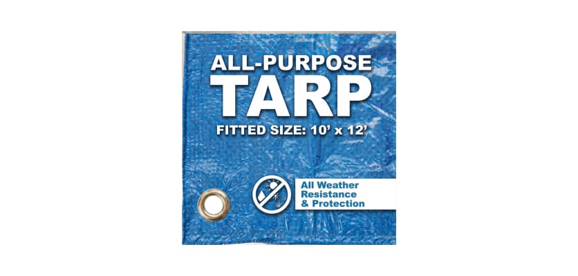 Standard 10' x 12' blue poly tarp detail showing woven plastic texture and labeling.