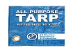 Standard 10' x 12' blue poly tarp detail showing woven plastic texture and labeling.