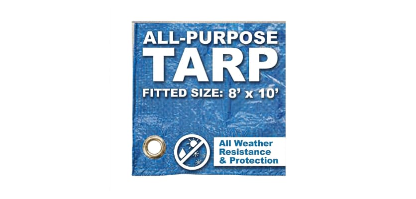 Folded 8' x 10' blue poly tarp highlighting the all-purpose weather protection label.