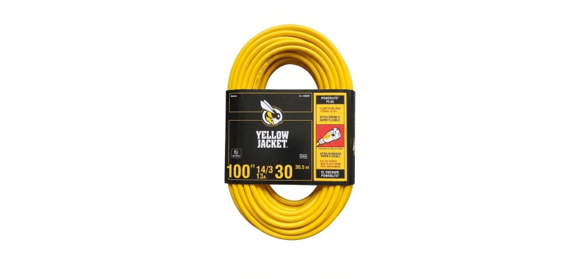 Coiled yellow 100' 14/3 power cord showing the three-prong plug and receptacle ends.