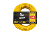 Coiled yellow 100' 14/3 power cord showing the three-prong plug and receptacle ends.