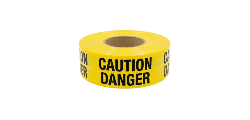 A roll of yellow caution danger tape featuring bold black text on a white background.