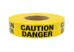 A roll of yellow caution danger tape featuring bold black text on a white background.