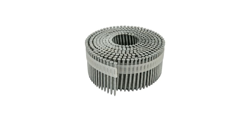 A coil of 0 degree plastic sheet siding nails with a hot-dipped galvanized finish.
