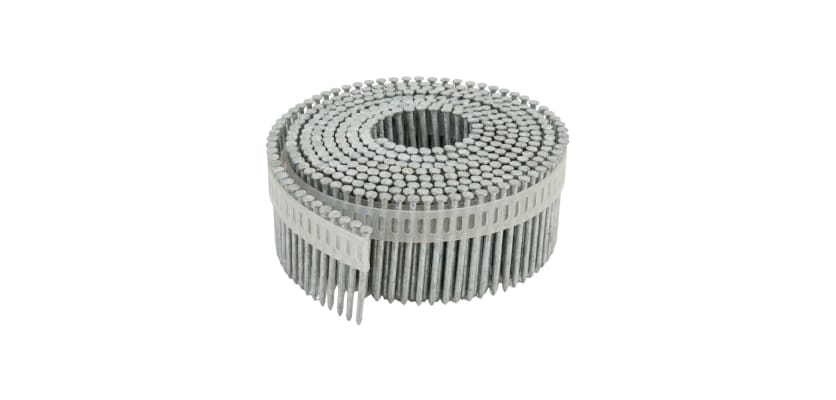 Coil of hot dipped galvanized ring shank siding nails in a plastic sheet collation.