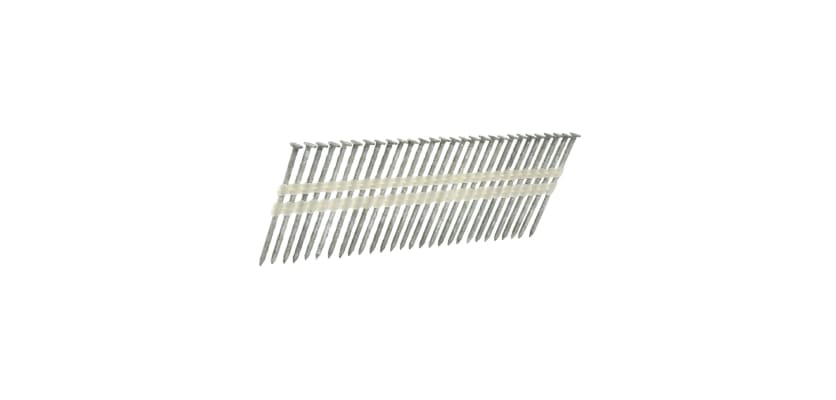 Strip framing nails with hot dipped galvanized finish and ring shank on a plastic collation.