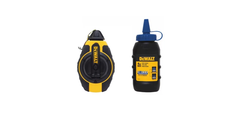 DEWALT 100-foot chalk line reel next to a 4-ounce bottle of blue marking chalk.