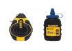 DEWALT 100-foot chalk line reel next to a 4-ounce bottle of blue marking chalk.