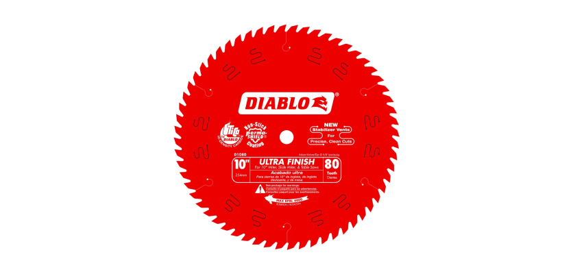  Gemini said Red circular Diablo 10-inch 80-tooth ultra finish saw blade for miter and table saws.