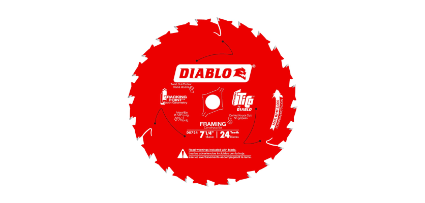Diablo 7-1/4 inch 24-tooth framing circular saw blade with red finish and carbide teeth.