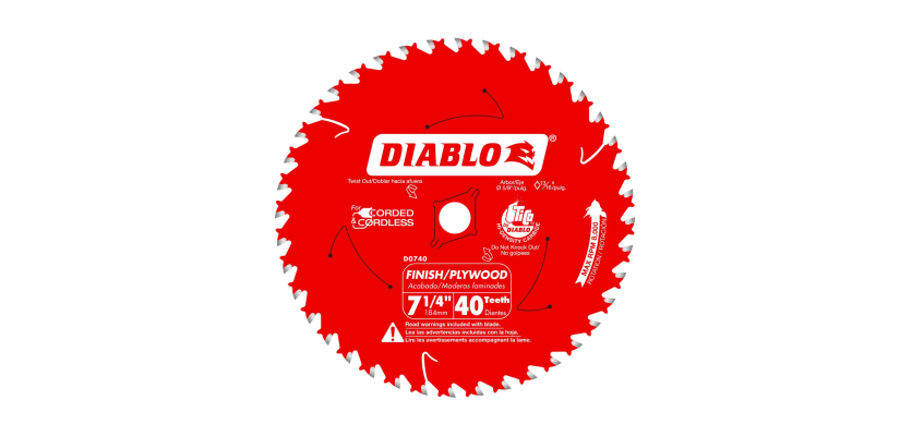 Diablo 7-1/4 inch 40-tooth finish and plywood circular saw blade with red coating.