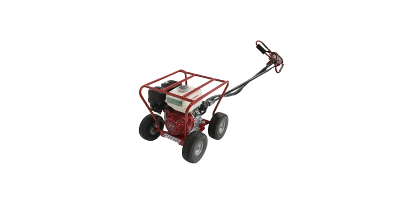 Little Beaver earth drill with a 5.5HP Honda engine and red roll cage.