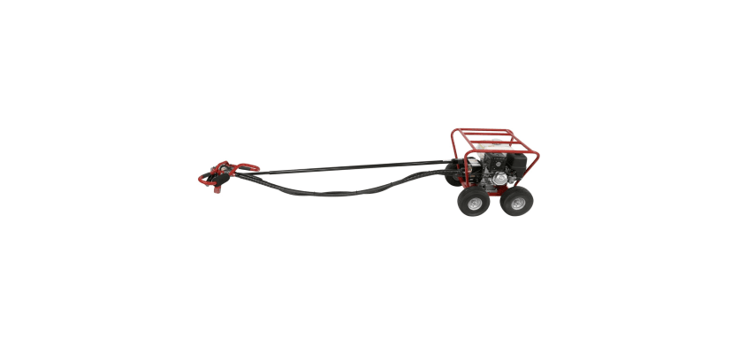 Side view of a Little Beaver Earth Drill featuring heavy-duty flat-free tires for rugged terrain