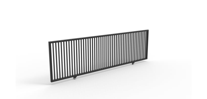 Modern black metal sliding gate with a flat top and vertical picket design.