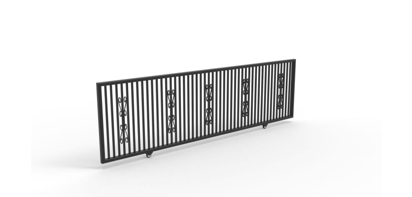 Black metal sliding gate with a flat top and decorative floral scrollwork accents.