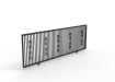  Black metal sliding gate with a flat top and decorative floral scrollwork accents.