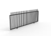 Black metal sliding gate with decorative spike finials on top rail.